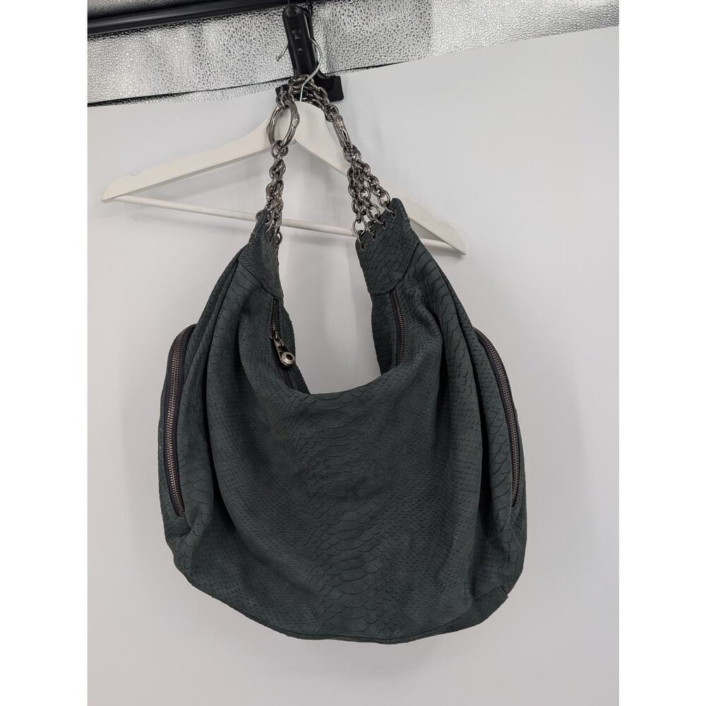 Henri Bendel Green Suede Leather Hobo Chain Strap Shoulder Bag Purple Interior